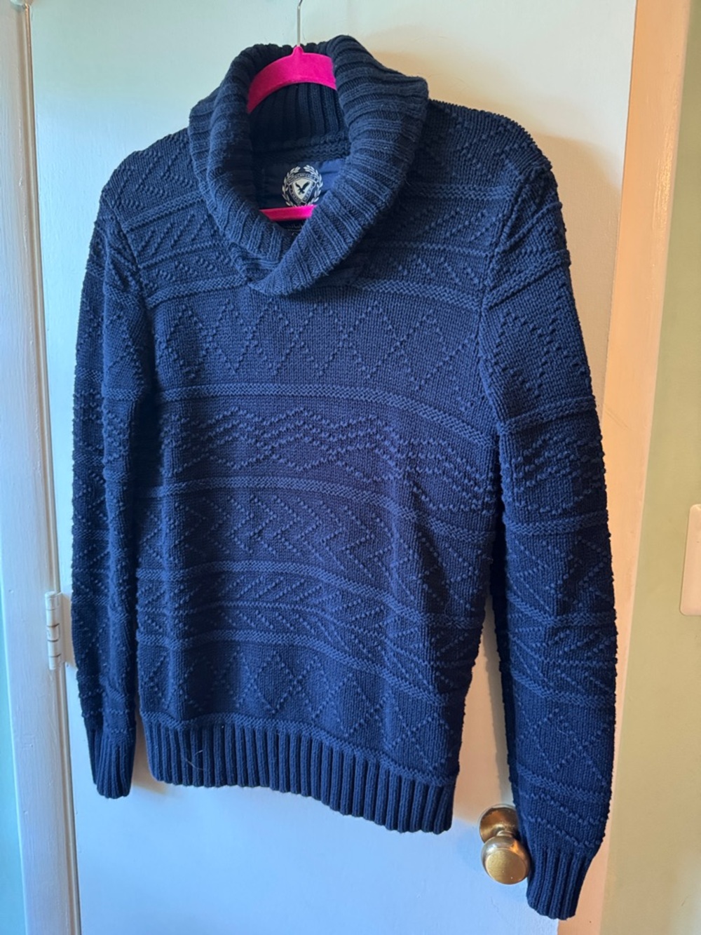 American Eagle Outfitters Navy Textured Shawl-Collar Turtleneck Sweater